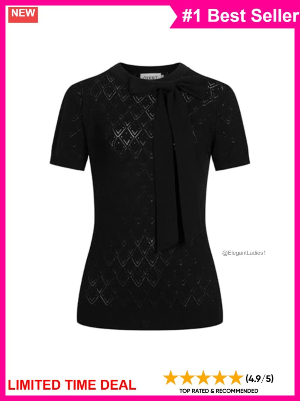 Women's Knit Cotton Crewneck Short Sleeve T-Shirt with Bow Retro Vintage Tee
